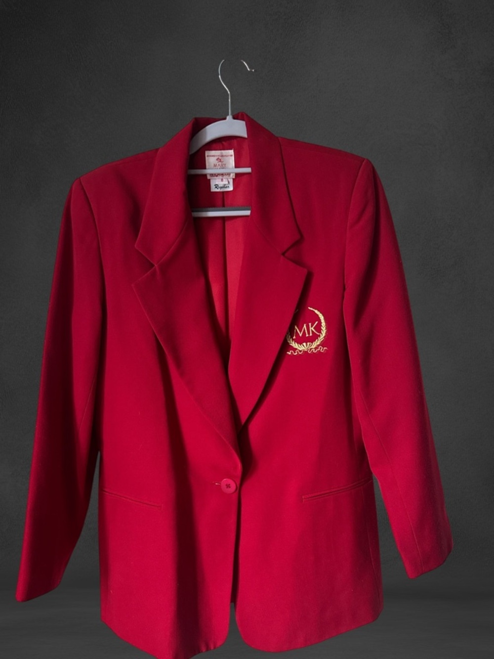 Angelica Red Single-Button Women's Blazer Embroidered Crest.Vintage Mary Kay,
